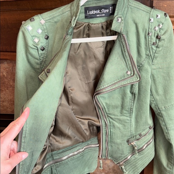 Army green military moto jacket grunge punk moto steampunk studs zippers est M/L - Picture 6 of 11